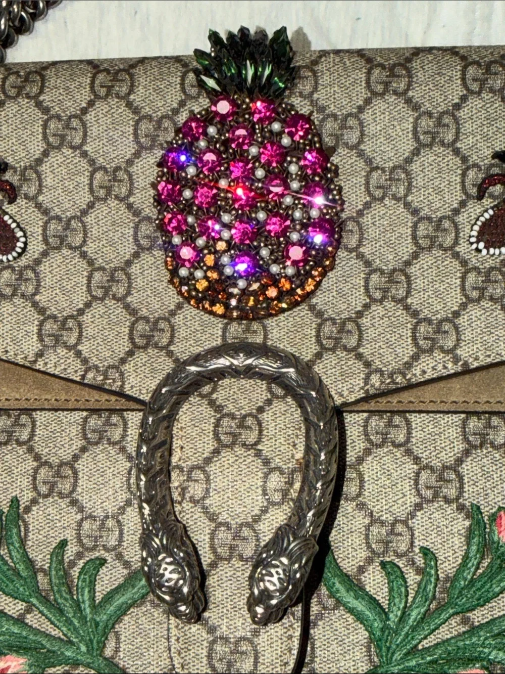 Gucci Beige GG Supreme Embroidered Dionysus Shoulder Bag with Pineapple Detail